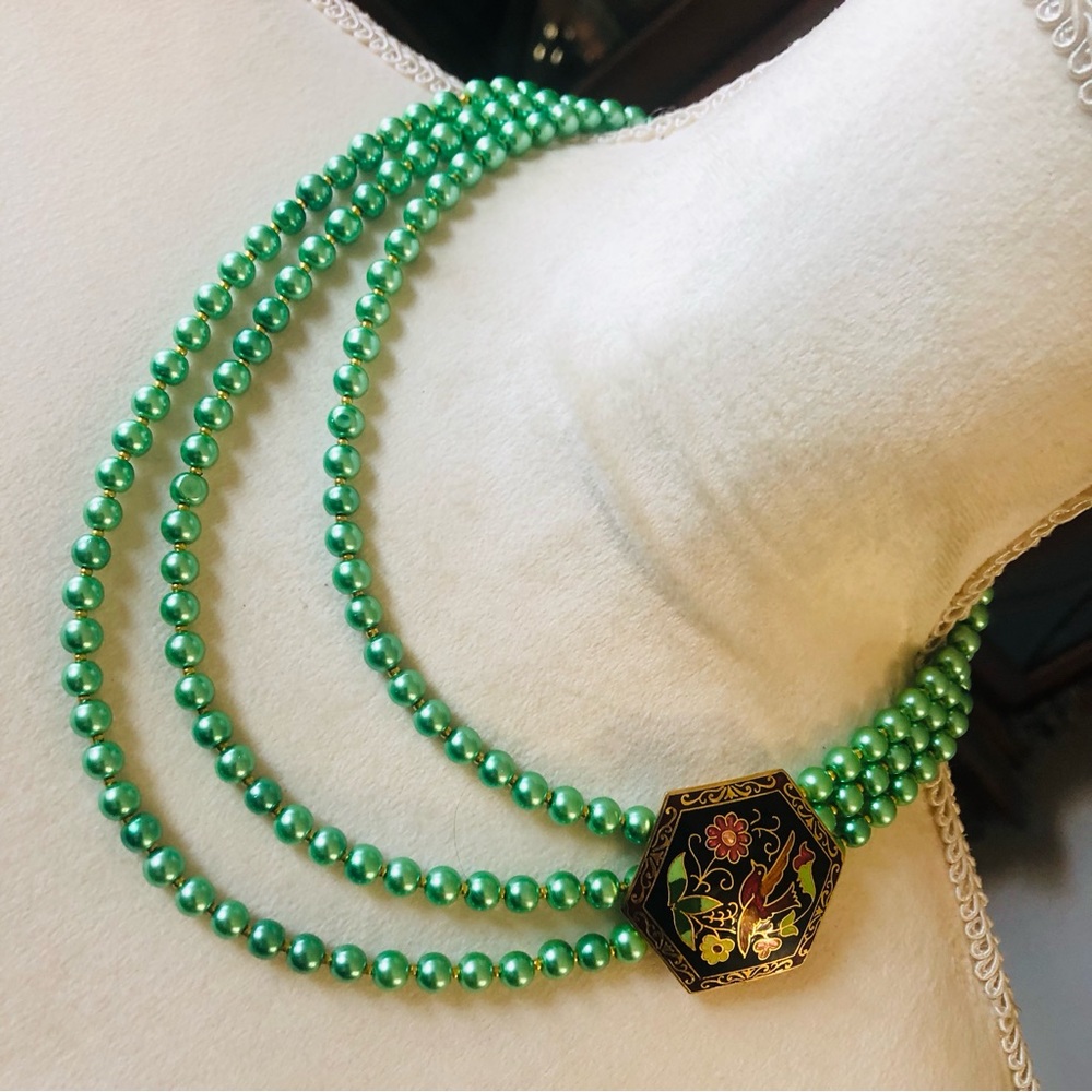 Handcrafted cloisonné slider triple strand green Czech glass pearl necklace